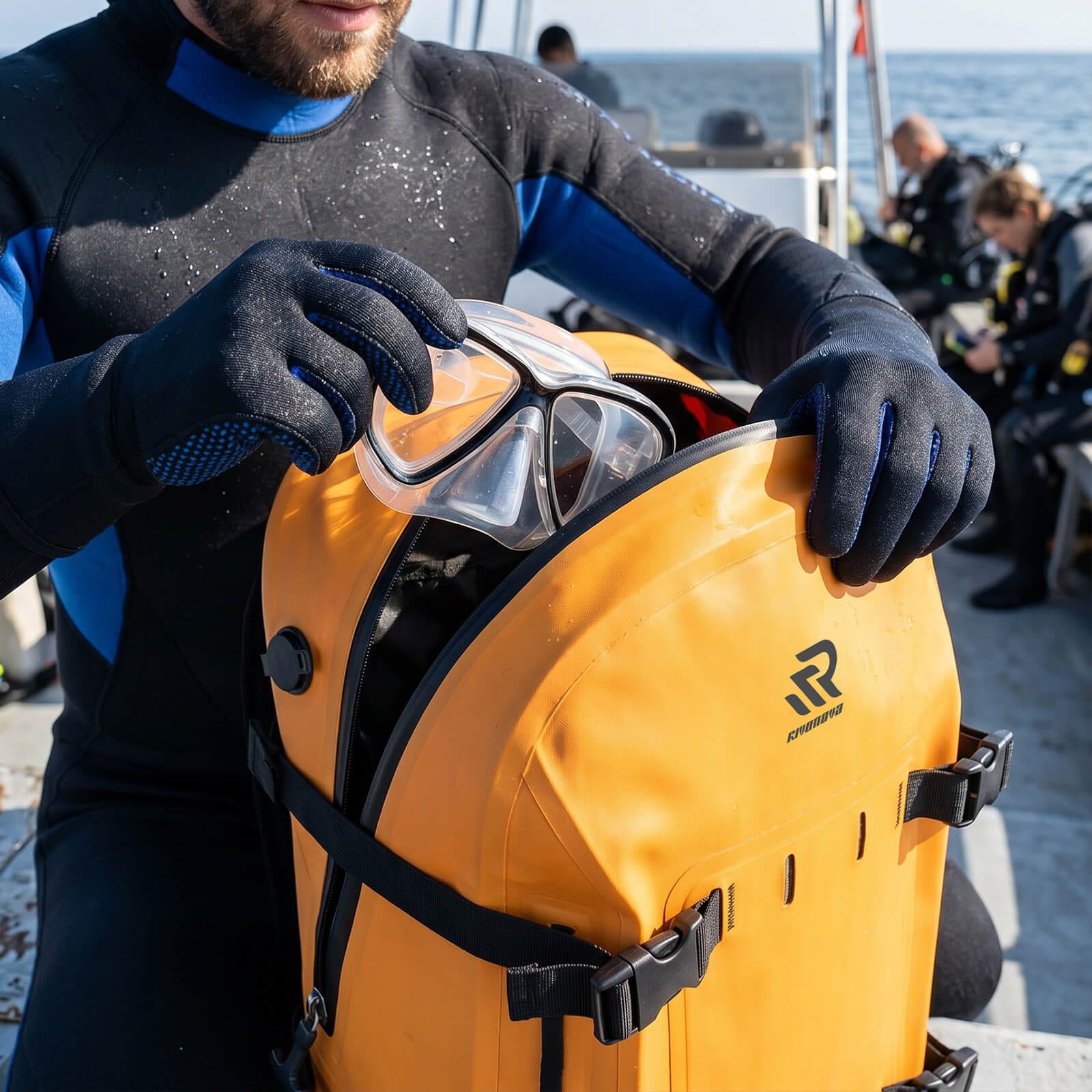  a man get the dry swimming goggles from rivonova waterproof bag