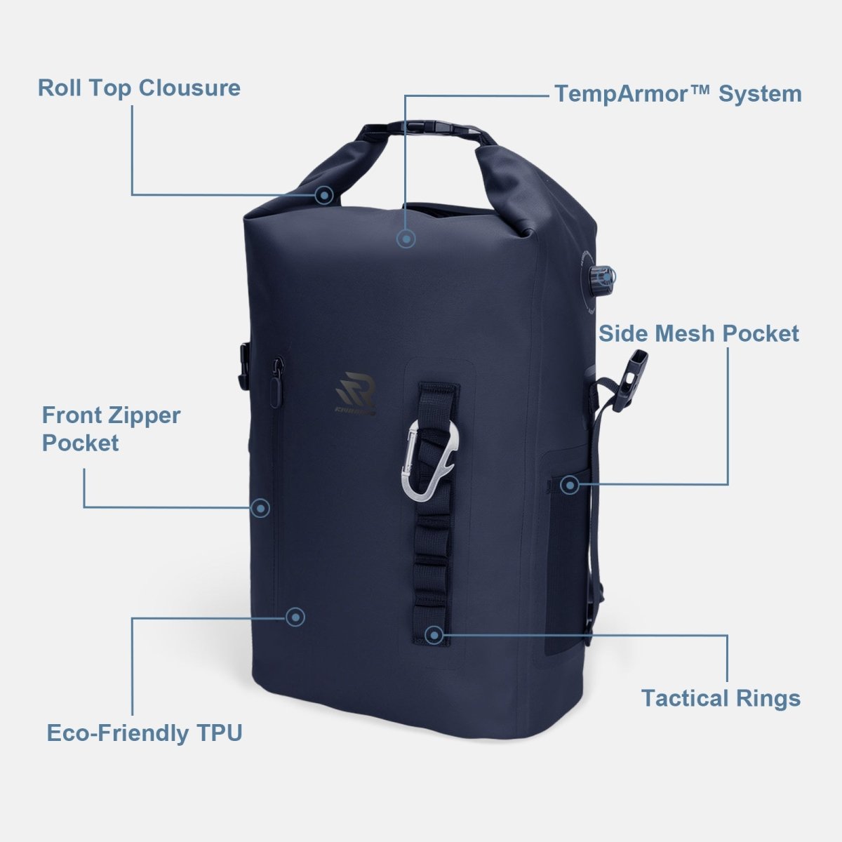 RIVONOVA Roll-Top backpack cooler in navy - showcase structure