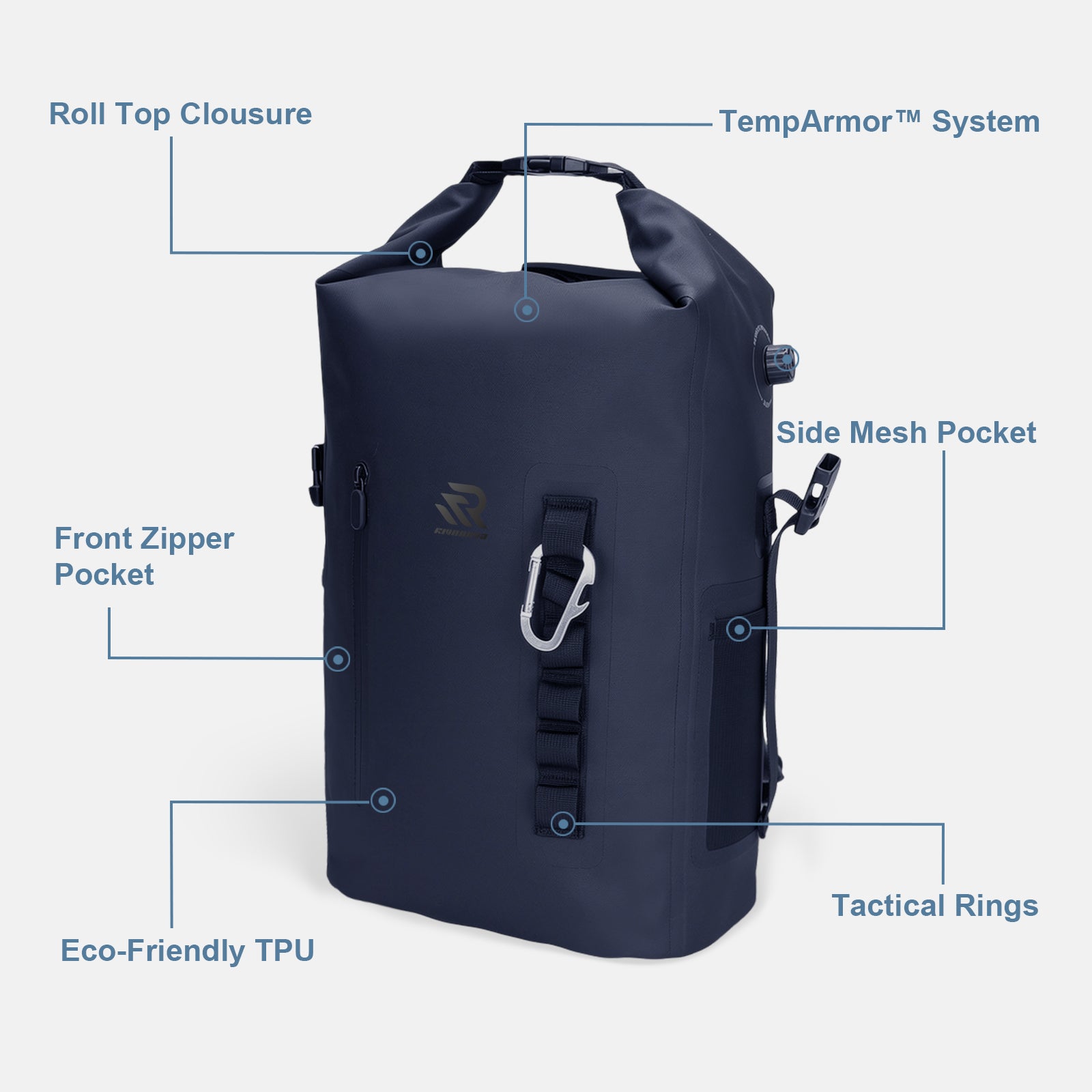 RIVONOVA Roll-Top backpack cooler in navy - showcase structure