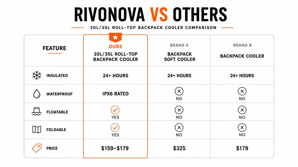 RIVONOVA roll-top backpack cooler comparison with floatable and foldable features on a clean white background.